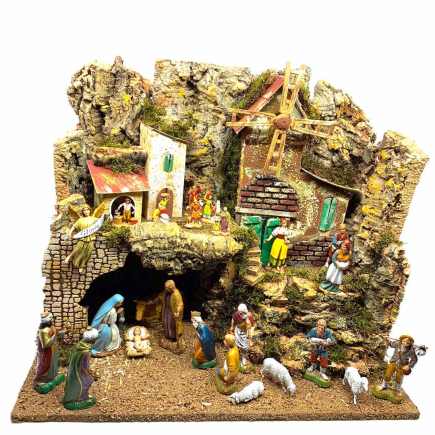 Nativity scene with working windmill and lights, 45 x 30 x 37 cm