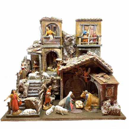 Nativity village with hut and lights for 10 cm figurines