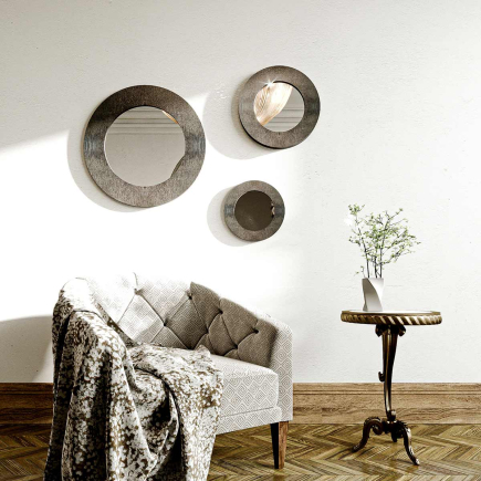 Tre Specchi Tondi Stile Minimal Lamellare Abete Nero Anticato