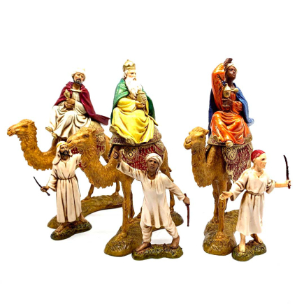 Three Wise Men on camel with camel drivers, 10 cm - Landi Moranduzzo figurines
