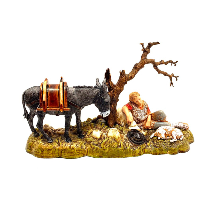 Man resting with donkey, 10 cm - Landi Moranduzzo figurines