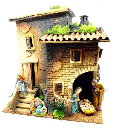 Casa Borgo con grotta e luce, per statuine 10 e 12/13 cm