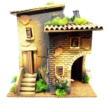 Casa Borgo con grotta e luce, per statuine 10 e 12/13 cm