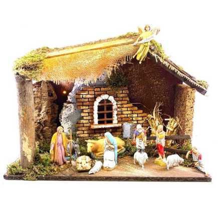 Hut with lights + Landi Nativity Scene 10 cm