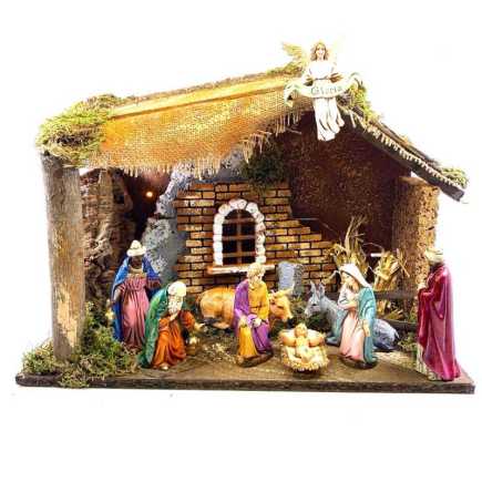 Capanna con luci + Natività Landi 12 cm