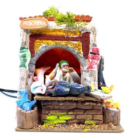 Pescheria con luce e pescivendolo in movimento 10/11 cm 17x17x21 cm