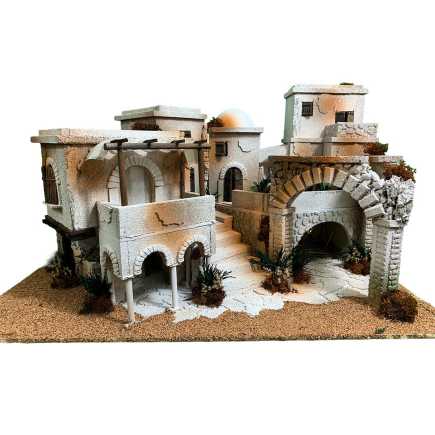 Presepe arabo con luci, fontana e effetto fuoco per statuine 6.5-8 cm