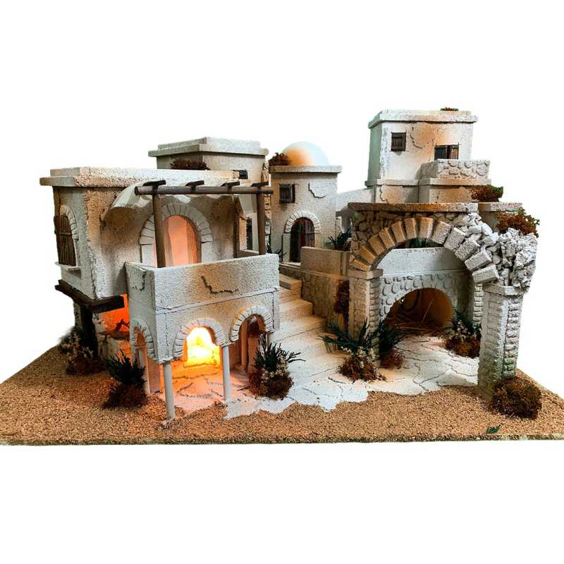 Presepe arabo con luci, fontana e effetto fuoco per statuine 6.5-8 cm