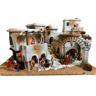 Presepe arabo con luci, fontana e effetto fuoco per statuine 6.5-8 cm