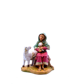 Seated shepherdess with sheep and lamb – 845 – Fontanini statue 9.5 cm