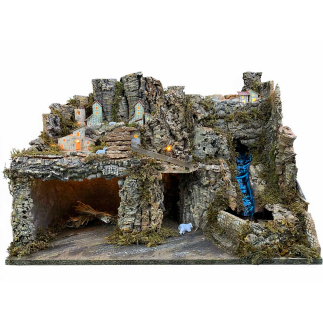 Presepe con cascata funzionante - 60 x 34 x 43 cm (con o senza statuine)