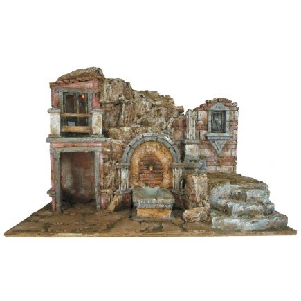 Complete nativity scene for 10 cm figurines with light and working fountain