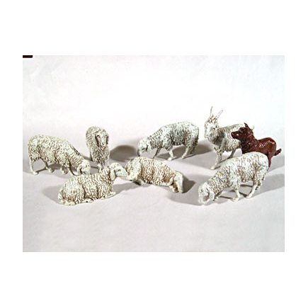 Goat, dog, 6 sheep, 10 cm - Landi Moranduzzo figurines
