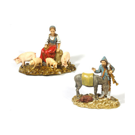 Woman with pigs and bagpiper with donkey, 10 cm - Landi Moranduzzo figurines