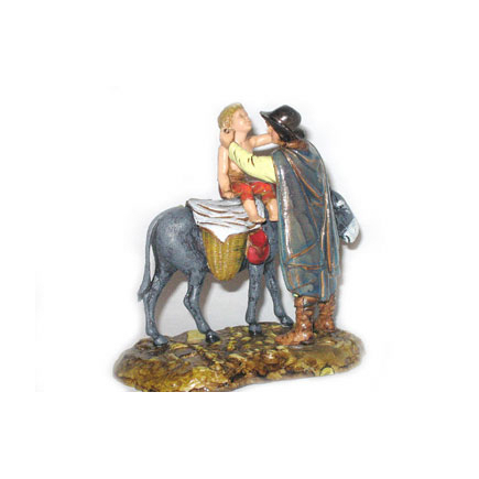 Standing man and child on donkey, 10 cm - Landi Moranduzzo figurines