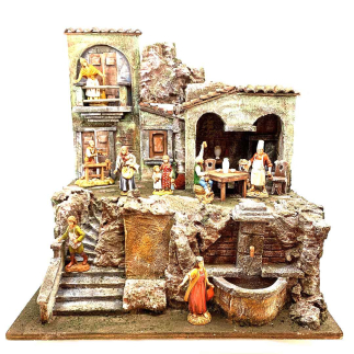 Nativity village with lights and fountain for 10 cm figurines