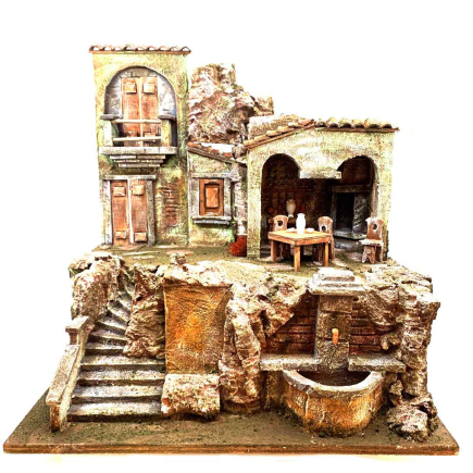 Nativity village with lights and fountain for 10 cm figurines