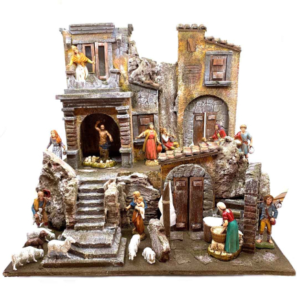 Nativity village with lights for 10 cm figurines