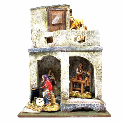 Two-story shop with nativity house for 10 cm figurines